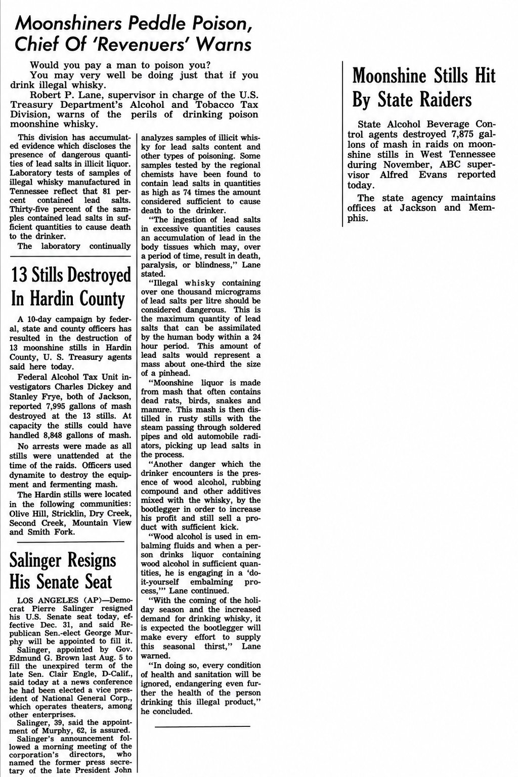 Newspaper article: Moonshiners Peddle Poison and 13 Stills Destroyed in Hardin County